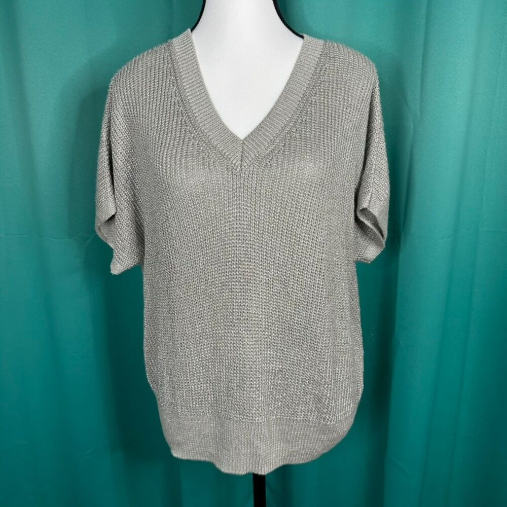 Simply Vera Vera Wang Grey Metallic Shimmer Cap Sleeve V-Neck Knit Sweater Sz S